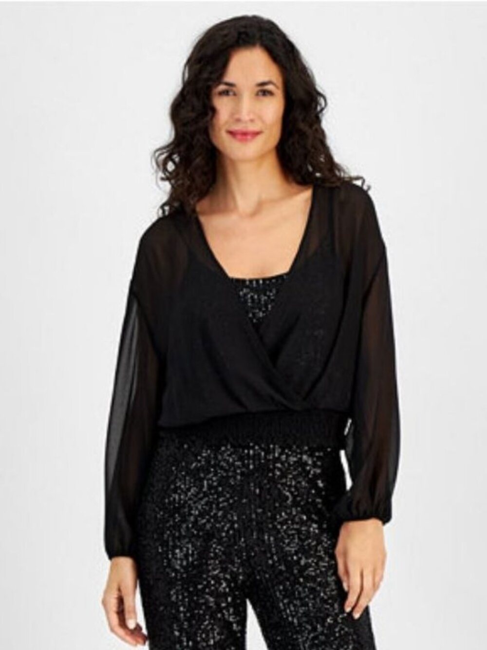 Vince Camuto Women's Overlapping Sequin Long-Sleeve Top Black Size L